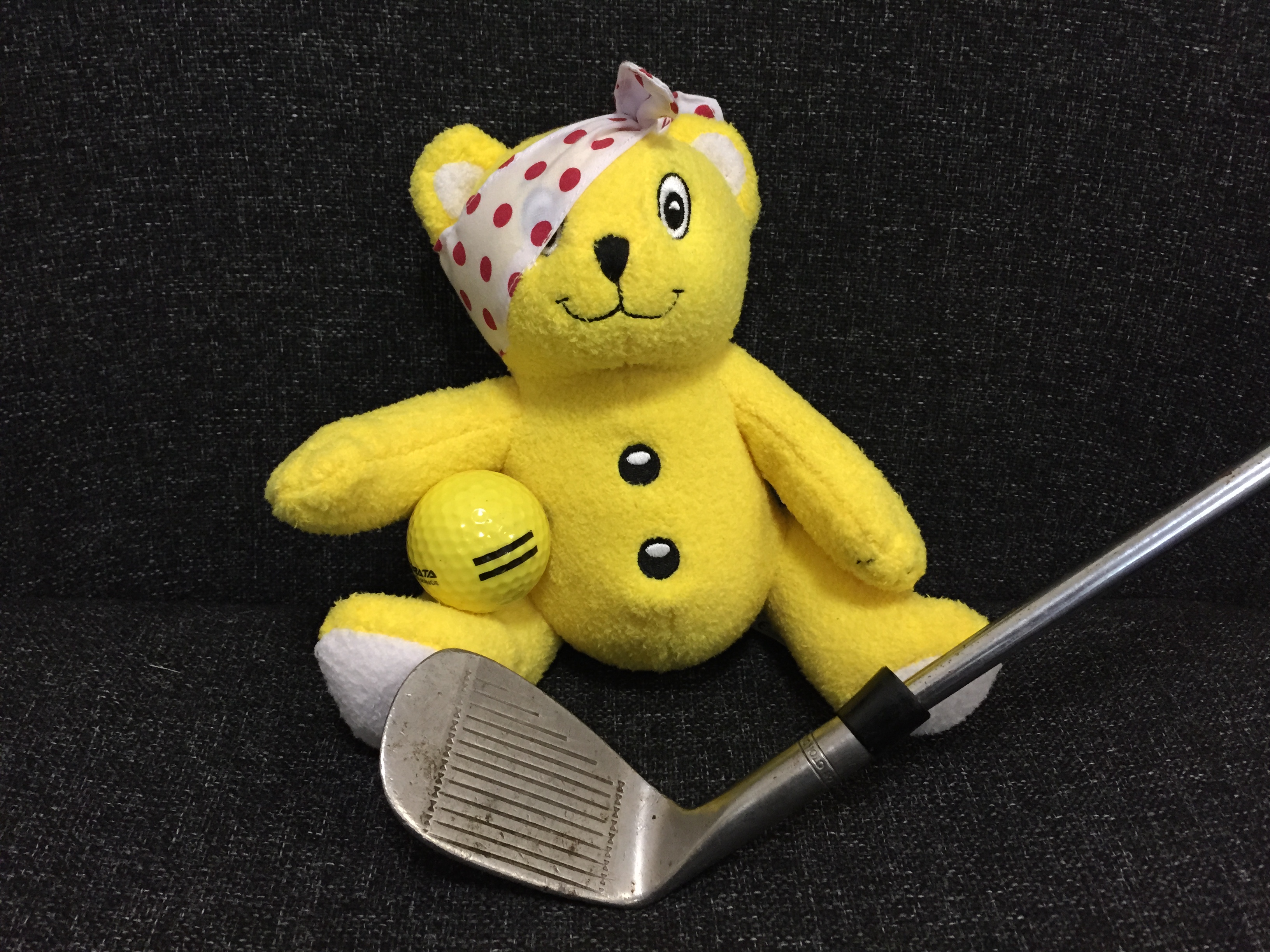 A small Pudsey bear soft toy posing with a golf club and ball