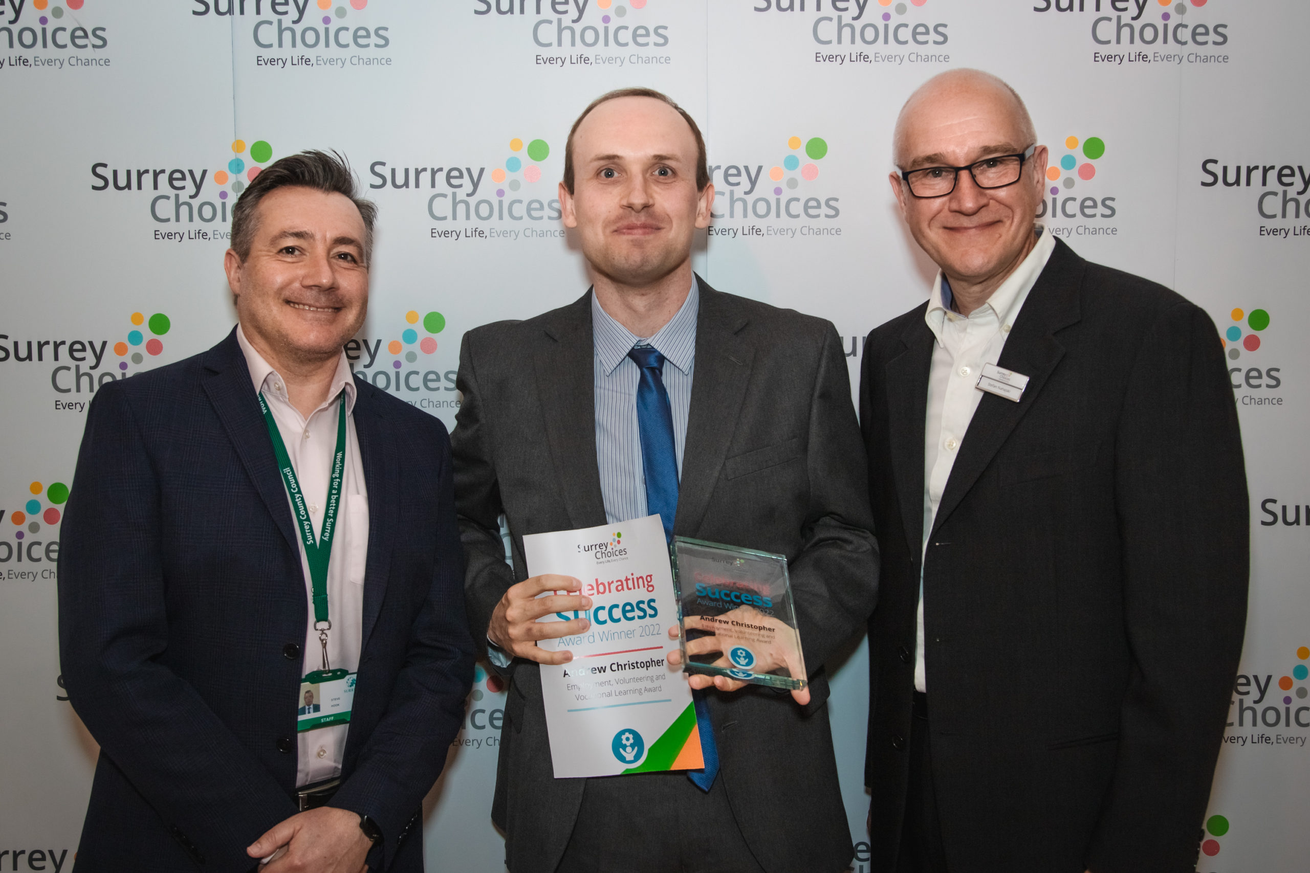 Andrew with his award alongside Surrey County Council Assistant Director Steve and Surrey Choices Board Member Stefan